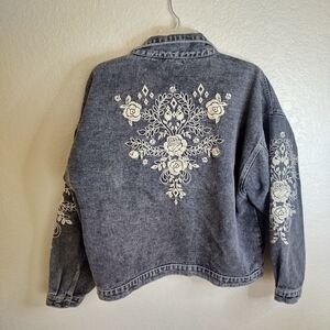 savanna jane stone wash denim embroidered Floral Boho Festive jacket Sz L